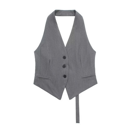 TAMBREET ZRN Women Fashion Backless Halter Neck Waistcoat Sexy Sleeveless Button-up Female Outerwear Chic Vest Tops