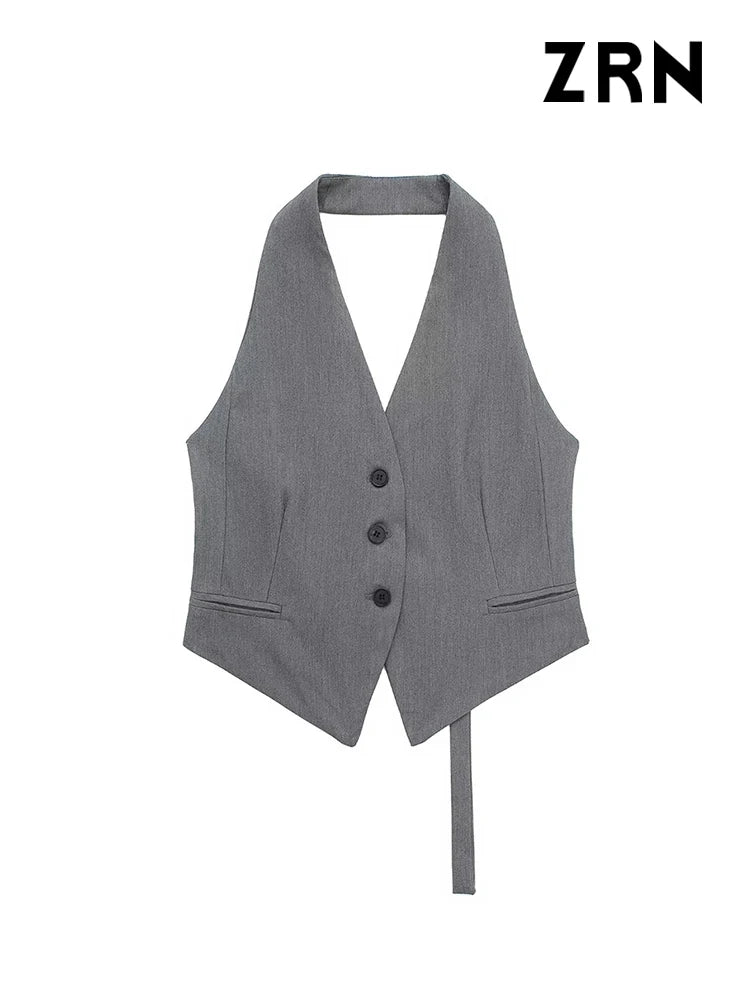 TAMBREET ZRN Women Fashion Backless Halter Neck Waistcoat Sexy Sleeveless Button-up Female Outerwear Chic Vest Tops