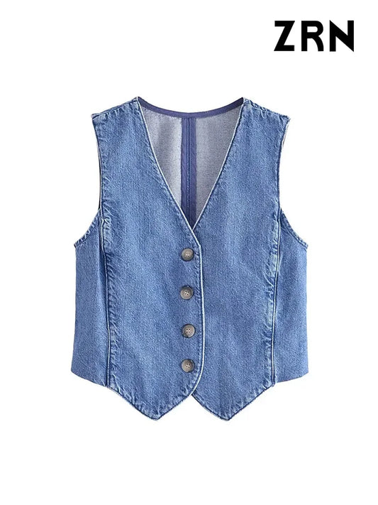 TAMBREET ZRN Women Fashion Front Button Denim Waistcoat Vintage V Neck Sleeveless Female Outerwear Chic Vest Tops