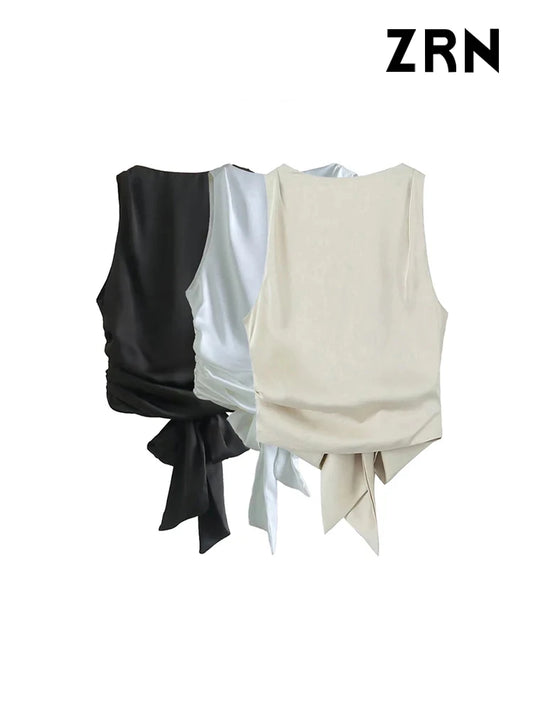 TAMBREET ZRN Women Sexy Fashion With Tied Satin Back Open Crop Blouses O Neck Sleeveless Female Shirts Blusas Chic Tops