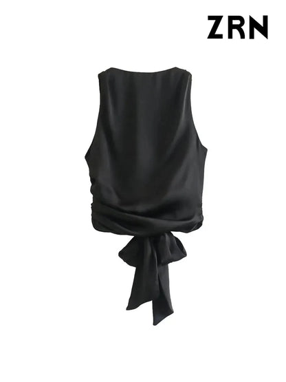 TAMBREET ZRN Women Sexy Fashion With Tied Satin Back Open Crop Blouses O Neck Sleeveless Female Shirts Blusas Chic Tops