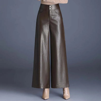 TAMBREET ZUZK High Quality Women PU Leather Wed Leg Pants  Autumn Winter Fashion Warm Long Leather Pants Elegant LeatherTrousers