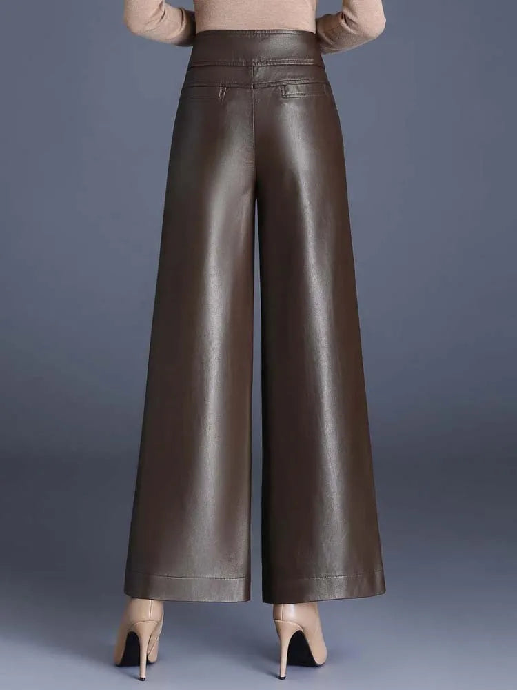 TAMBREET ZUZK High Quality Women PU Leather Wed Leg Pants  Autumn Winter Fashion Warm Long Leather Pants Elegant LeatherTrousers