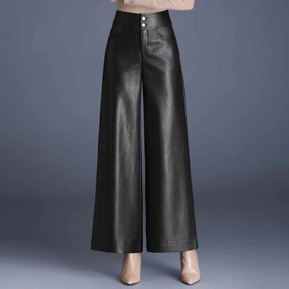 TAMBREET ZUZK High Quality Women PU Leather Wed Leg Pants  Autumn Winter Fashion Warm Long Leather Pants Elegant LeatherTrousers