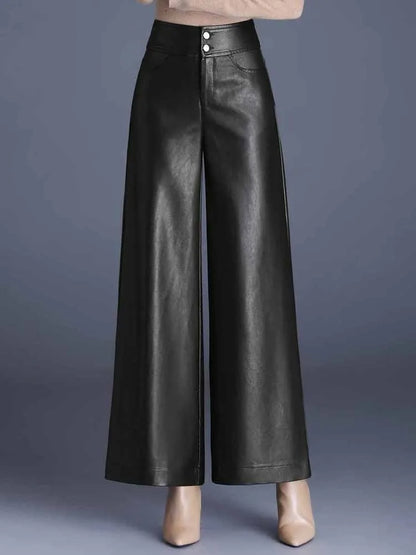 TAMBREET ZUZK High Quality Women PU Leather Wed Leg Pants  Autumn Winter Fashion Warm Long Leather Pants Elegant LeatherTrousers