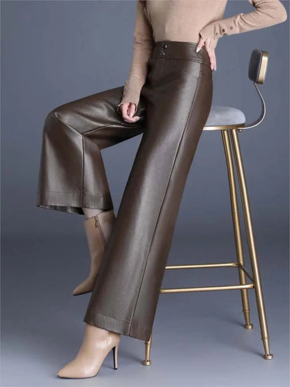 TAMBREET ZUZK High Quality Women PU Leather Wed Leg Pants  Autumn Winter Fashion Warm Long Leather Pants Elegant LeatherTrousers