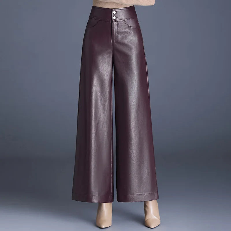 TAMBREET ZUZK High Quality Women PU Leather Wed Leg Pants  Autumn Winter Fashion Warm Long Leather Pants Elegant LeatherTrousers