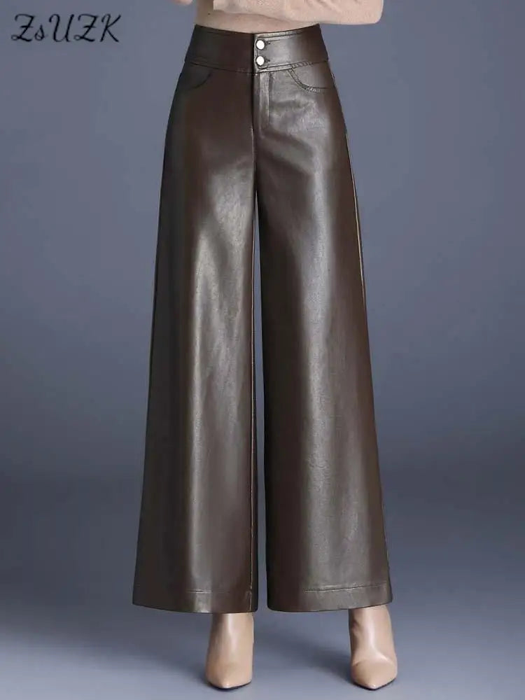 TAMBREET ZUZK High Quality Women PU Leather Wed Leg Pants  Autumn Winter Fashion Warm Long Leather Pants Elegant LeatherTrousers