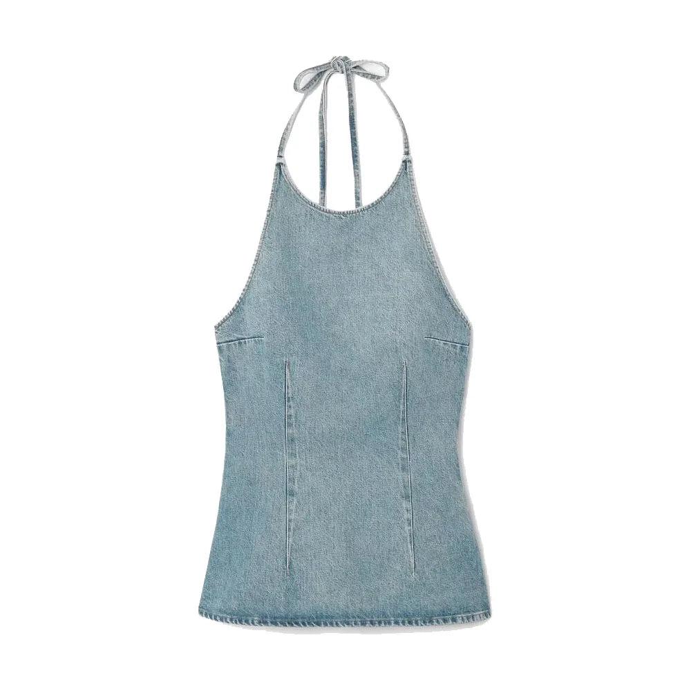 TAMBREET Zach Ailsa 2024 Spring New Product Women's Wear Temperament Slim Fit, Sexy, Open Back, Hanging Neck, Strap, Denim Top