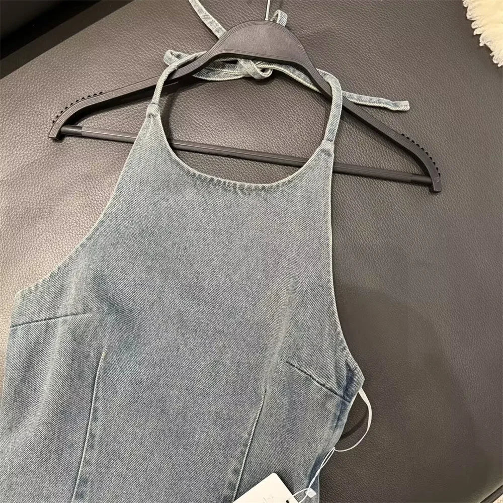 TAMBREET Zach Ailsa 2024 Spring New Product Women's Wear Temperament Slim Fit, Sexy, Open Back, Hanging Neck, Strap, Denim Top