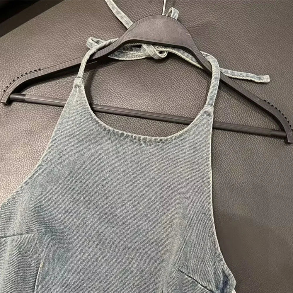 TAMBREET Zach Ailsa 2024 Spring New Product Women's Wear Temperament Slim Fit, Sexy, Open Back, Hanging Neck, Strap, Denim Top