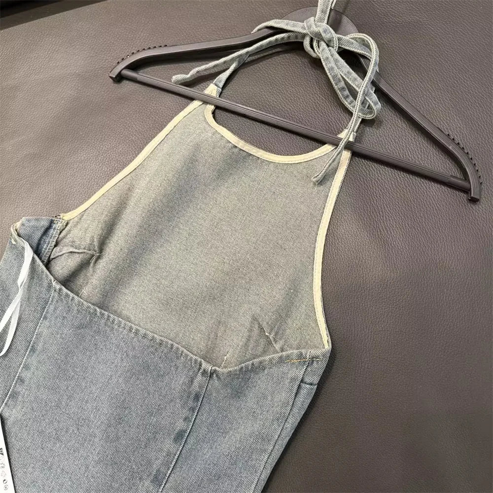 TAMBREET Zach Ailsa 2024 Spring New Product Women's Wear Temperament Slim Fit, Sexy, Open Back, Hanging Neck, Strap, Denim Top