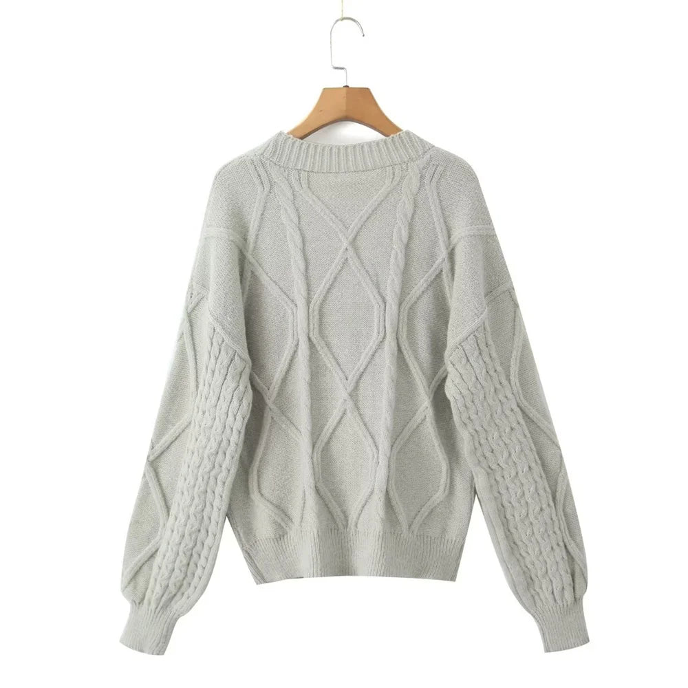 TAMBREET Zach Ailsa Autumn New Women's Casual Versatile V-Neck Long Sleeve Single breasted Fried Dough Twists Sweater Knit Cardigan