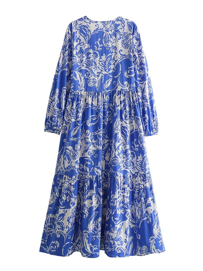 TAMBREET ZaracosHm2024 spring and summer new European and American style women's blue V-neck temperament printed layered splicing dress