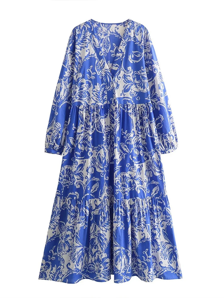 TAMBREET ZaracosHm2024 spring and summer new European and American style women's blue V-neck temperament printed layered splicing dress