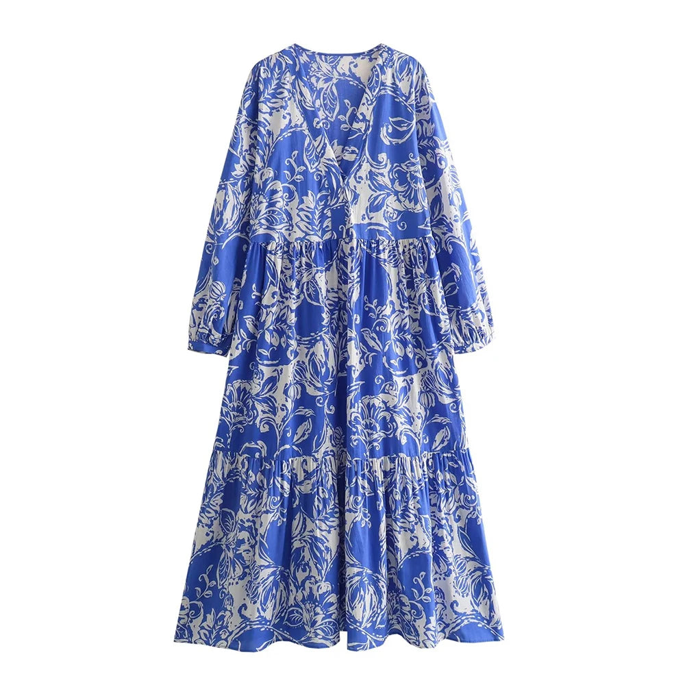 TAMBREET ZaracosHm2024 spring and summer new European and American style women's blue V-neck temperament printed layered splicing dress