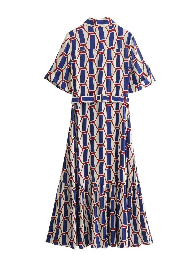 TAMBREET ZaracosHm2024 spring new women's European and American style lapel curled short-sleeved bow belt geometric print dress