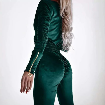 TAMBREET Zipper Design Ruched Long Sleeve Velvet Jumpsuit with Elastic Waistbelt Women Jumpsuits Pants Overall