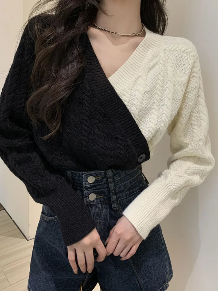 TAMBREET Zoki Korean V Neck Cross Sweaters Women Design Long Sleeve Patchwork Knitted Pullovers Loose Lazy Wind Female Buttons Jumpers