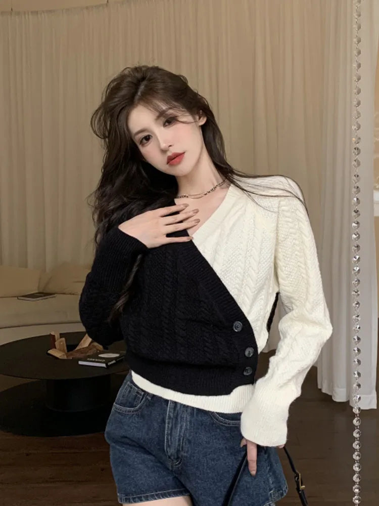 TAMBREET Zoki Korean V Neck Cross Sweaters Women Design Long Sleeve Patchwork Knitted Pullovers Loose Lazy Wind Female Buttons Jumpers