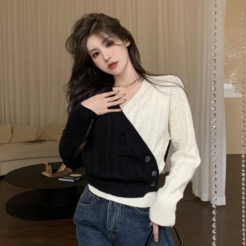 TAMBREET Zoki Korean V Neck Cross Sweaters Women Design Long Sleeve Patchwork Knitted Pullovers Loose Lazy Wind Female Buttons Jumpers