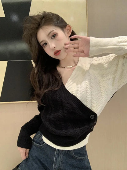 TAMBREET Zoki Korean V Neck Cross Sweaters Women Design Long Sleeve Patchwork Knitted Pullovers Loose Lazy Wind Female Buttons Jumpers