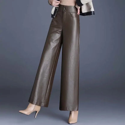 TAMBREET chaparajos female Autumn winter New style PU leather brushed Wide leg pants High waist Straight-leg pants droop Wide-leg pants