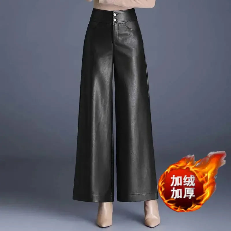 TAMBREET chaparajos female Autumn winter New style PU leather brushed Wide leg pants High waist Straight-leg pants droop Wide-leg pants