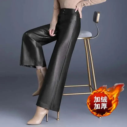 TAMBREET chaparajos female Autumn winter New style PU leather brushed Wide leg pants High waist Straight-leg pants droop Wide-leg pants