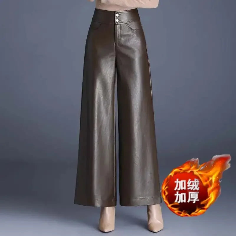 TAMBREET chaparajos female Autumn winter New style PU leather brushed Wide leg pants High waist Straight-leg pants droop Wide-leg pants