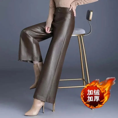 TAMBREET chaparajos female Autumn winter New style PU leather brushed Wide leg pants High waist Straight-leg pants droop Wide-leg pants