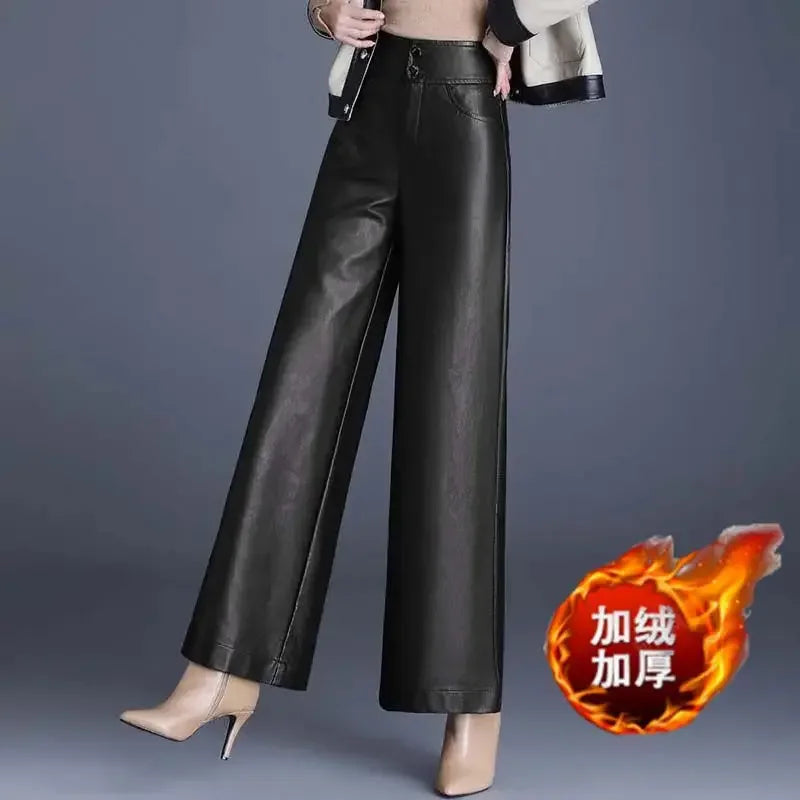 TAMBREET chaparajos female Autumn winter New style PU leather brushed Wide leg pants High waist Straight-leg pants droop Wide-leg pants