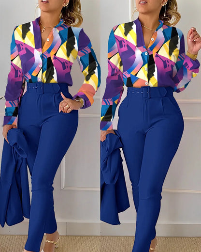 TAMBREET elegant print shirt and pants two piece sets women 2024 spring autumn fashion long sleeve shirts high waist pant casual suits