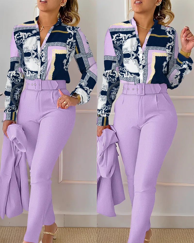 TAMBREET elegant print shirt and pants two piece sets women 2024 spring autumn fashion long sleeve shirts high waist pant casual suits