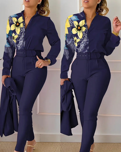 TAMBREET elegant print shirt and pants two piece sets women 2024 spring autumn fashion long sleeve shirts high waist pant casual suits