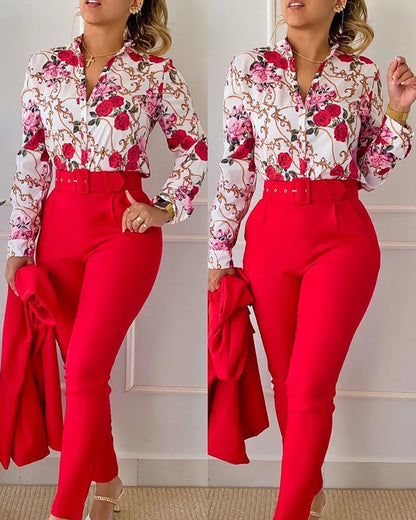 TAMBREET elegant print shirt and pants two piece sets women 2024 spring autumn fashion long sleeve shirts high waist pant casual suits