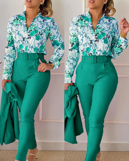 TAMBREET elegant print shirt and pants two piece sets women 2024 spring autumn fashion long sleeve shirts high waist pant casual suits