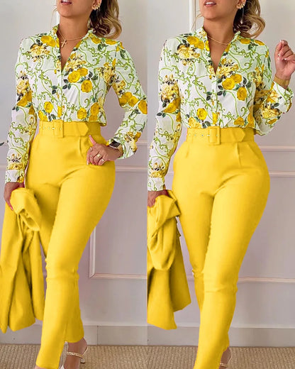 TAMBREET elegant print shirt and pants two piece sets women 2024 spring autumn fashion long sleeve shirts high waist pant casual suits