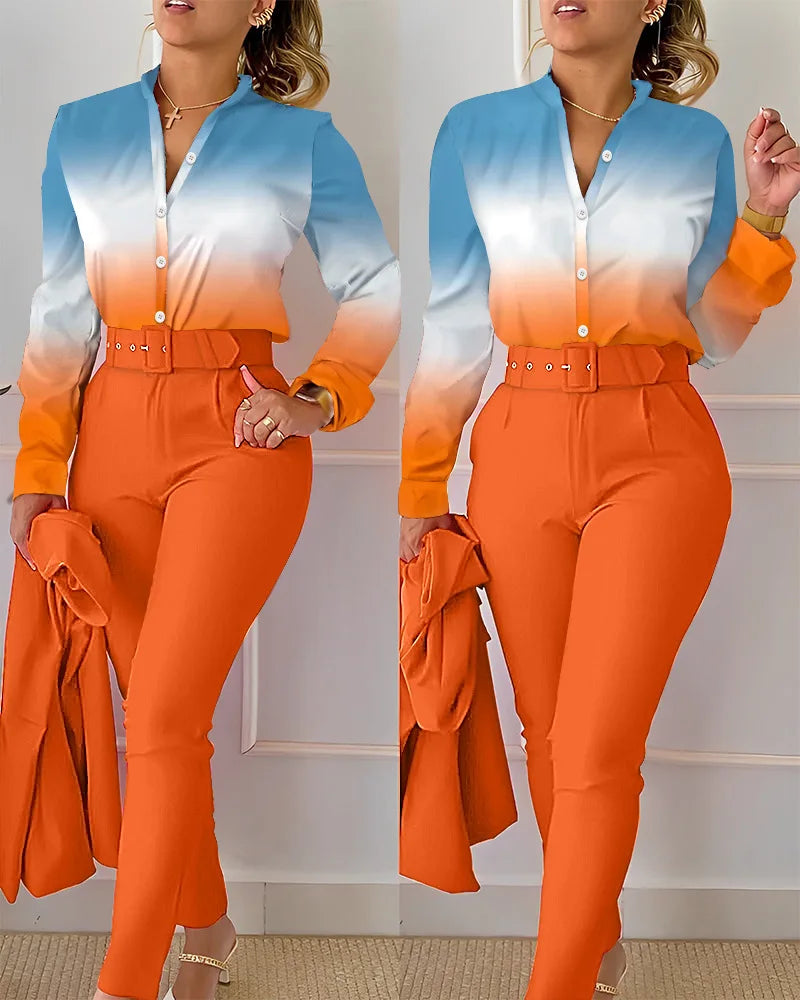 TAMBREET elegant print shirt and pants two piece sets women 2024 spring autumn fashion long sleeve shirts high waist pant casual suits