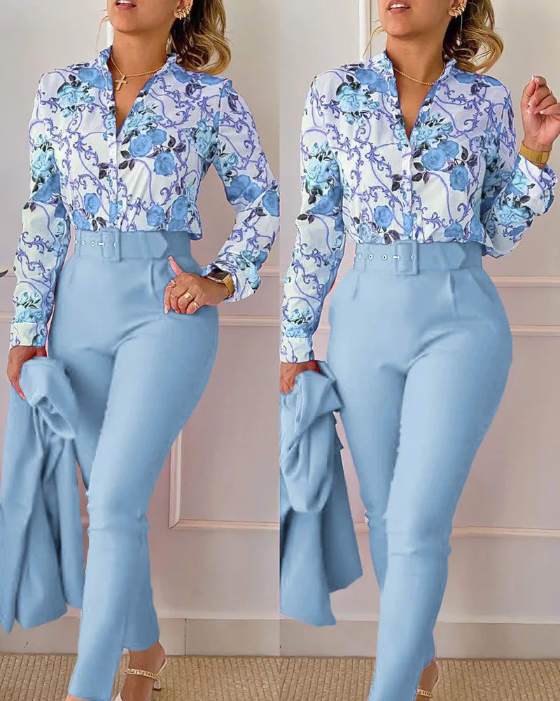 TAMBREET elegant print shirt and pants two piece sets women 2024 spring autumn fashion long sleeve shirts high waist pant casual suits