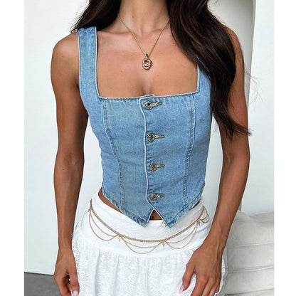 TAMBREET hirigin Women Fashion y2k Denim Vest Sleeveless Boat Neck Button Down Crop Jean Tank Top Slim Backless Smocking Aesthetic Vest