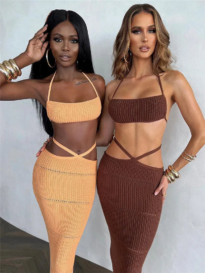 TAMBREET hirigin Women Knitted 2 Pieces Summer Clothing Set Sexy Tie-up Halter Crop Tops and Cross Wrapped Long Skirts Beach Clubwear