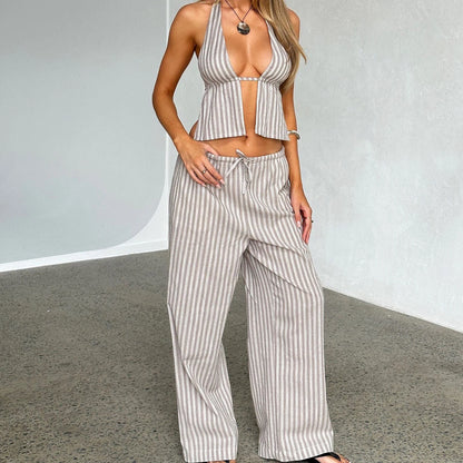 TAMBREET hirigin Women Summer Pants Outfits Stripe Tie-Up Halter Neck Backless Sleeveless Tank Tops Wide-Leg Pants 2 Pieces Clothes Set