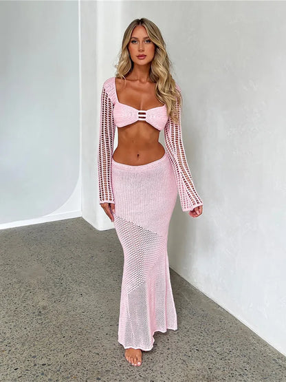 TAMBREET hirigin Women's Crochet Knit 2 Piece Skirt Set Hollow Out Crop Top Long Sleeve Backless Tie Up Club Bodycon Dress Outfits