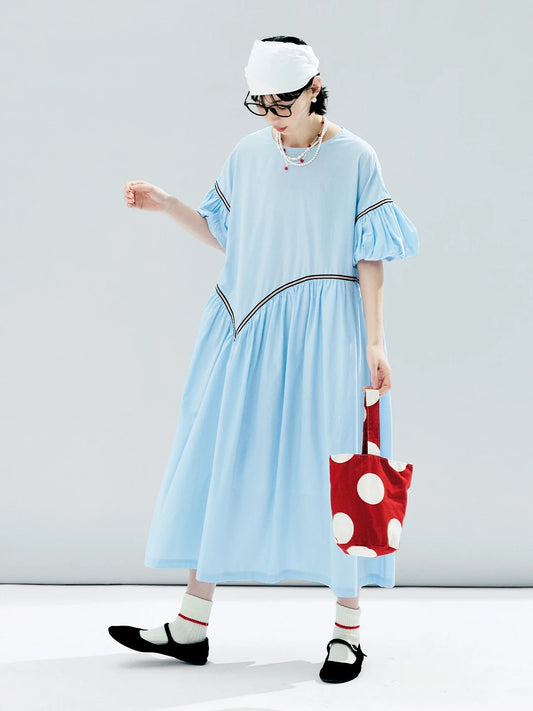 TAMBREET imakokoni 2024 summer original design tencel cotton blue small grid puff sleeve dress 244613