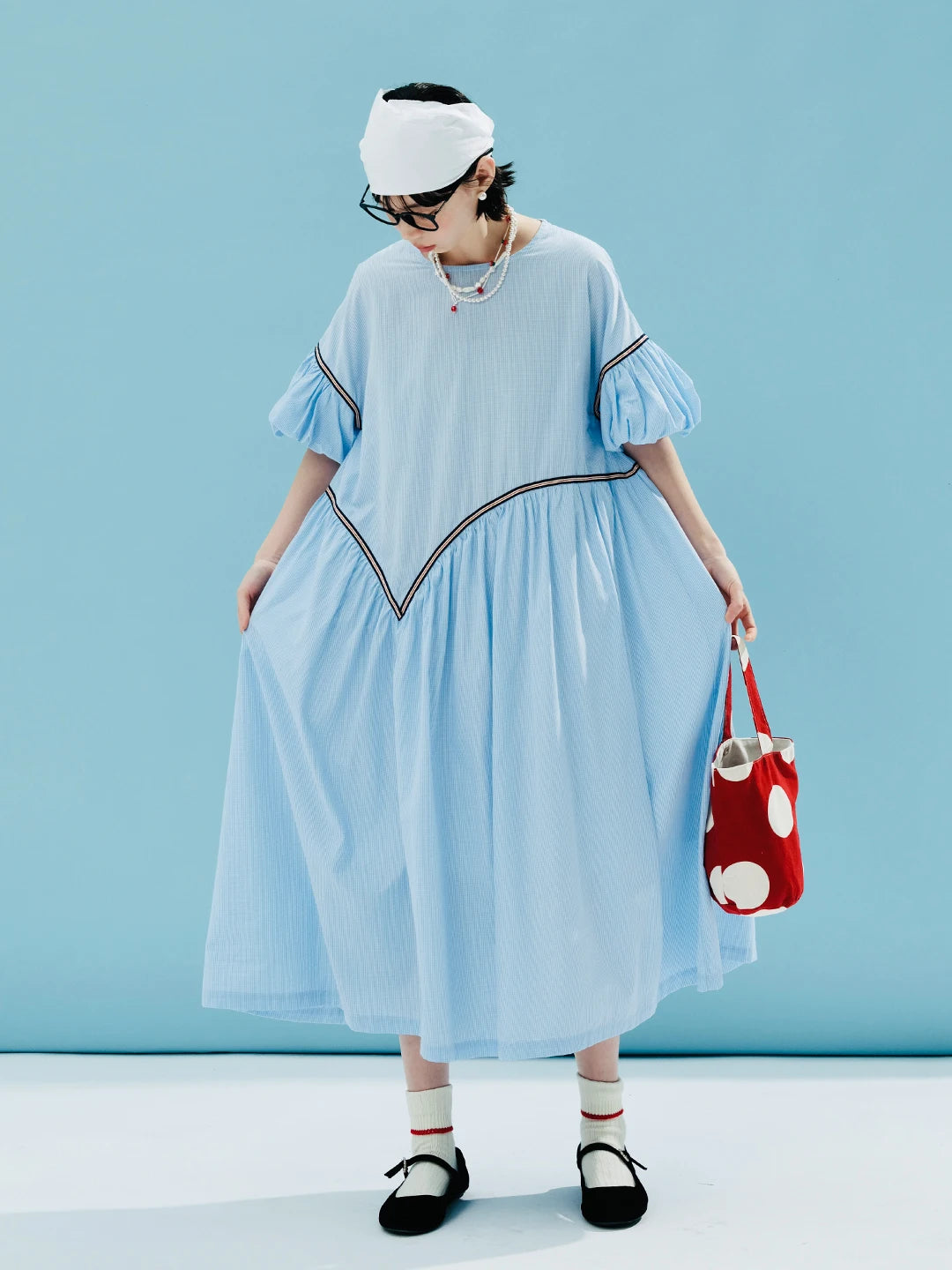 TAMBREET imakokoni 2024 summer original design tencel cotton blue small grid puff sleeve dress 244613