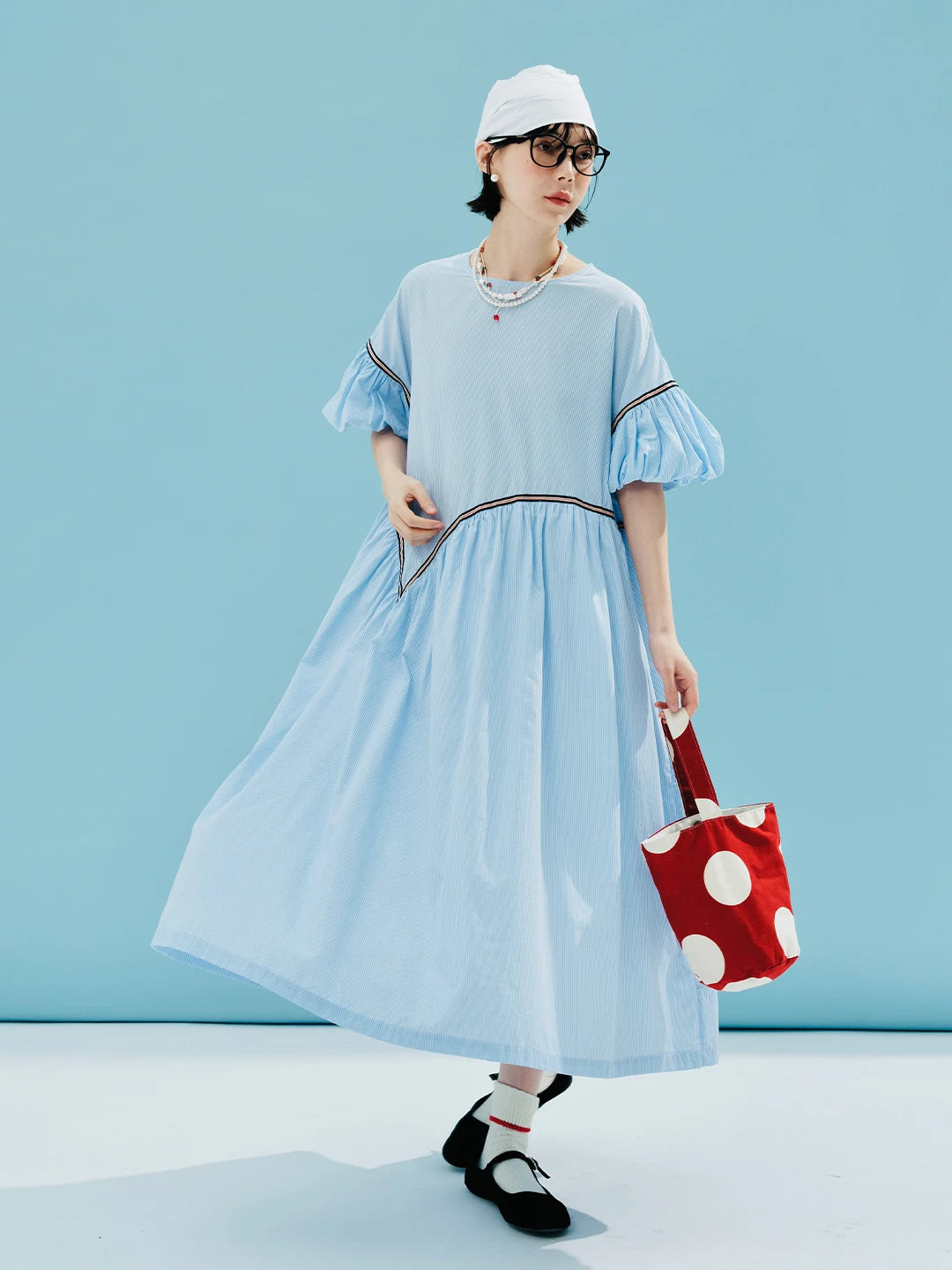 TAMBREET imakokoni 2024 summer original design tencel cotton blue small grid puff sleeve dress 244613