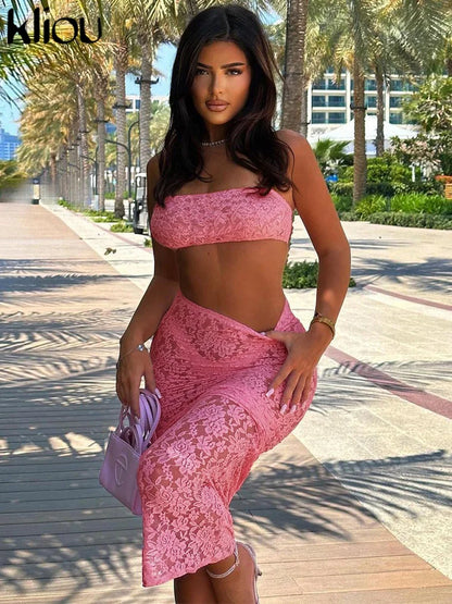 TAMBREET kliou Summer Women Overknee Sexy Lace Two Piece Set K24S47228 Girl Solid Embroidered Strapless Tube+Hip Skirt Elegant Outfit