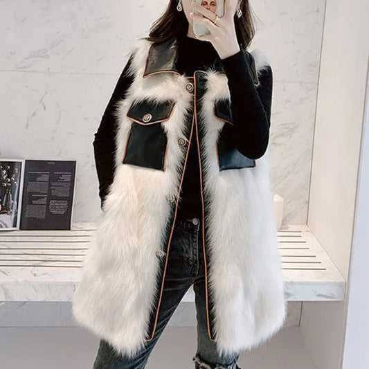 TAMBREET mid long slim fur women's vest autumn winter fashion outwear women waistcoat plush warm winter sleeveless jacket female 2025