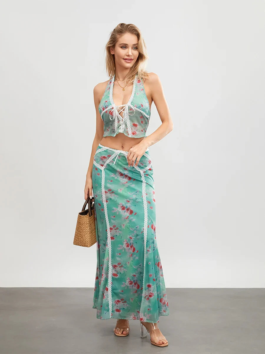 TAMBREET wsevypo Green Floral 2Pieces Dress Sets Women's Summer Party Streetwear Suits Sleeveless Tie-up Halter Backless Vest+Long Skirt